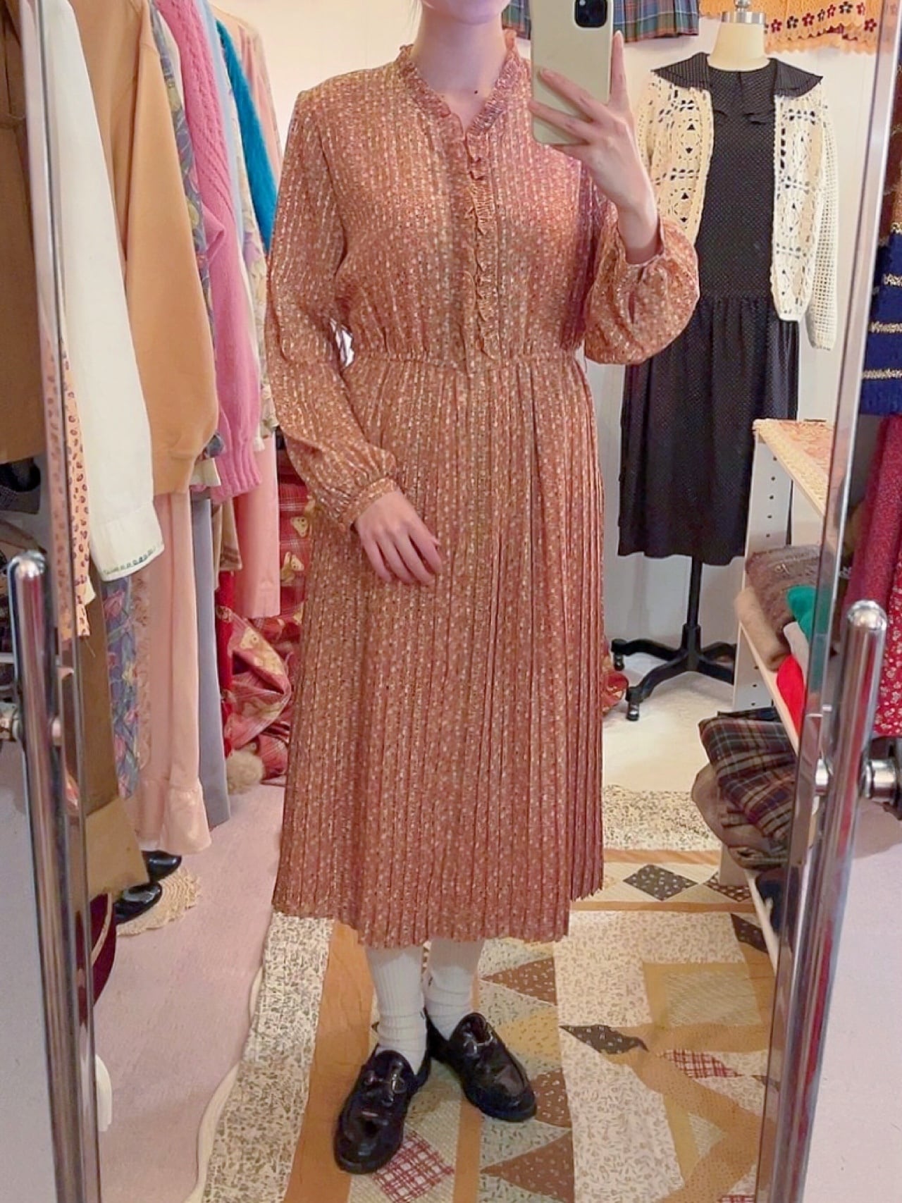 orange mini flower pleats one-piece