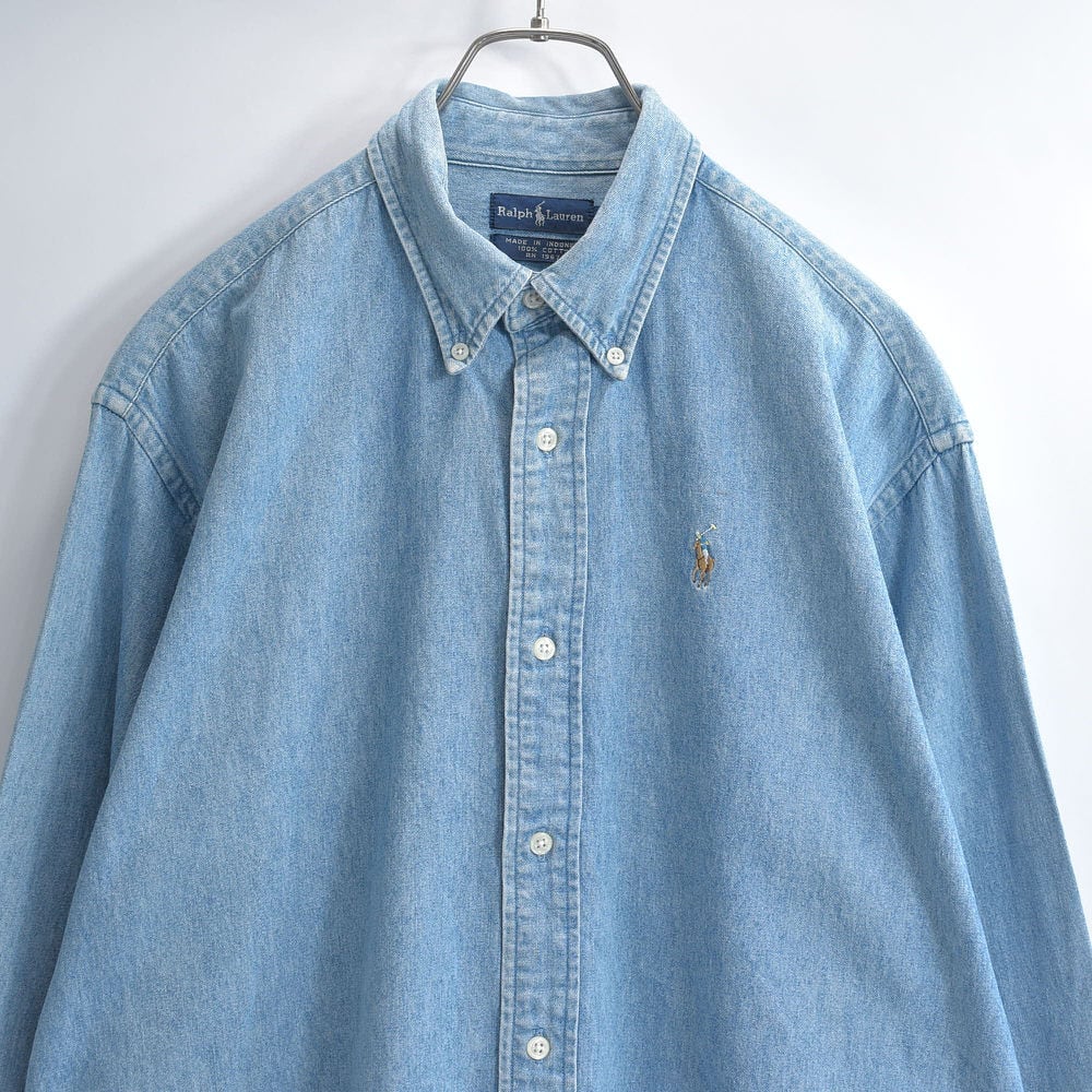 90~00s Ralph Lauren ラルフローレン デニム ボタンダウンシャツ ポニーロゴ 刺繍 長袖シャツ ワークシャツ アメカジ プレッピー 青 ヴィンテージ ビンテージ USA アメリカ古着 メンズXLサイズ