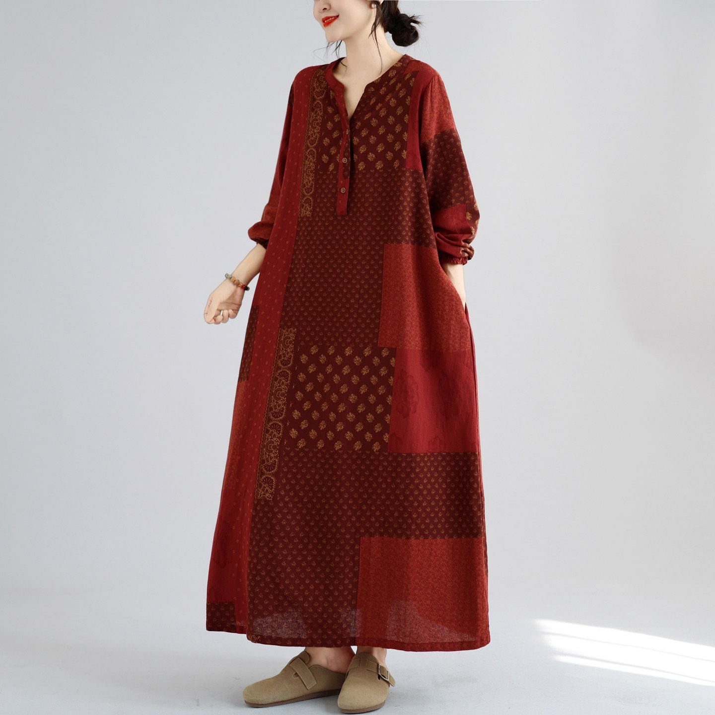 FLORAL PRINT LONG SLEEVES RELAXED A-LINE DRESS M-18237
