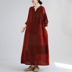 FLORAL PRINT LONG SLEEVES RELAXED A-LINE DRESS M-18237