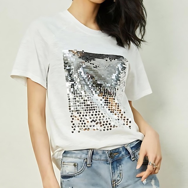 Sequin accent design tee 2 colors　V1475