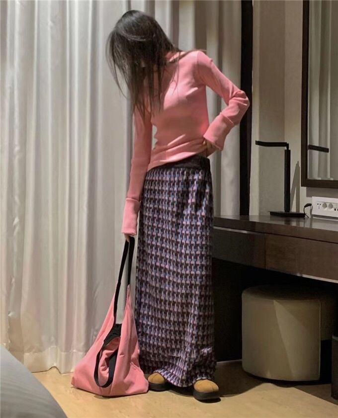 2color / チェックロングニットスカート