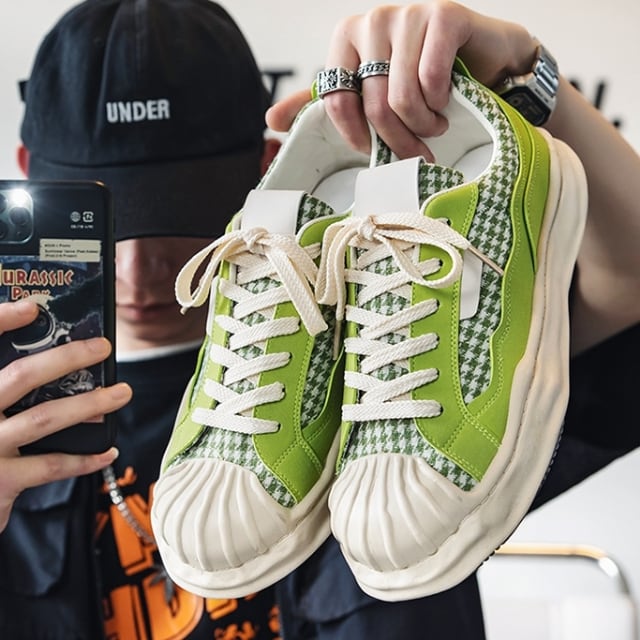 【予約販売】スニーカー 厚底 ダッド メンズ スニーカー ウエーブソール 靴 チェック柄 ブラック 黒 グリーン スポーティー シック お洒落 カジュアル ストリート 24.5cm/25cm/25.5cm/26cm/26.5cm/27cm