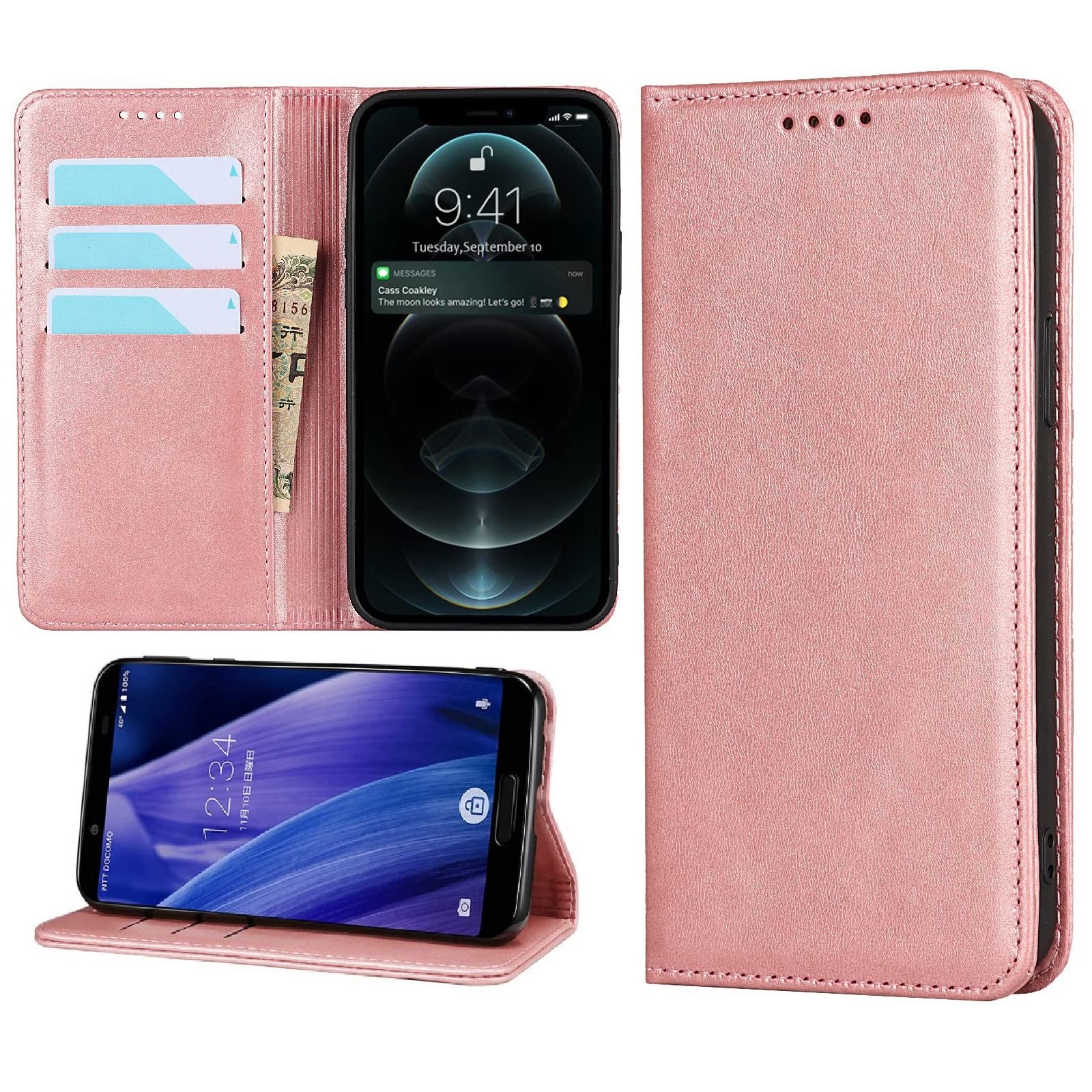 シェイプ アクオス R9 ケース 手帳型 AQUOS R9スマホケース 携帯カバー SH-51E スマホケース SH-51E ケース 手帳型 アクオスr9スマホケース内蔵マグネットPU皮革 財布型 カード収納 スタンド機能-ローズゴールド