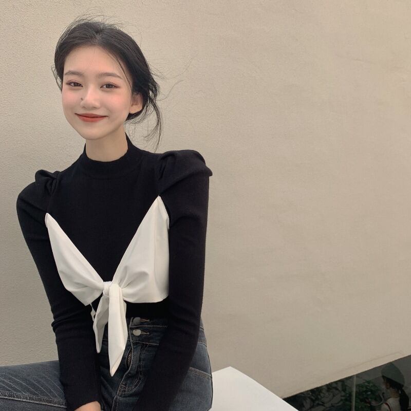 ニットセーター ブラックシャツ オータムウィンターリボントップス 秋物 冬物 ブラックストロベリース17484608532