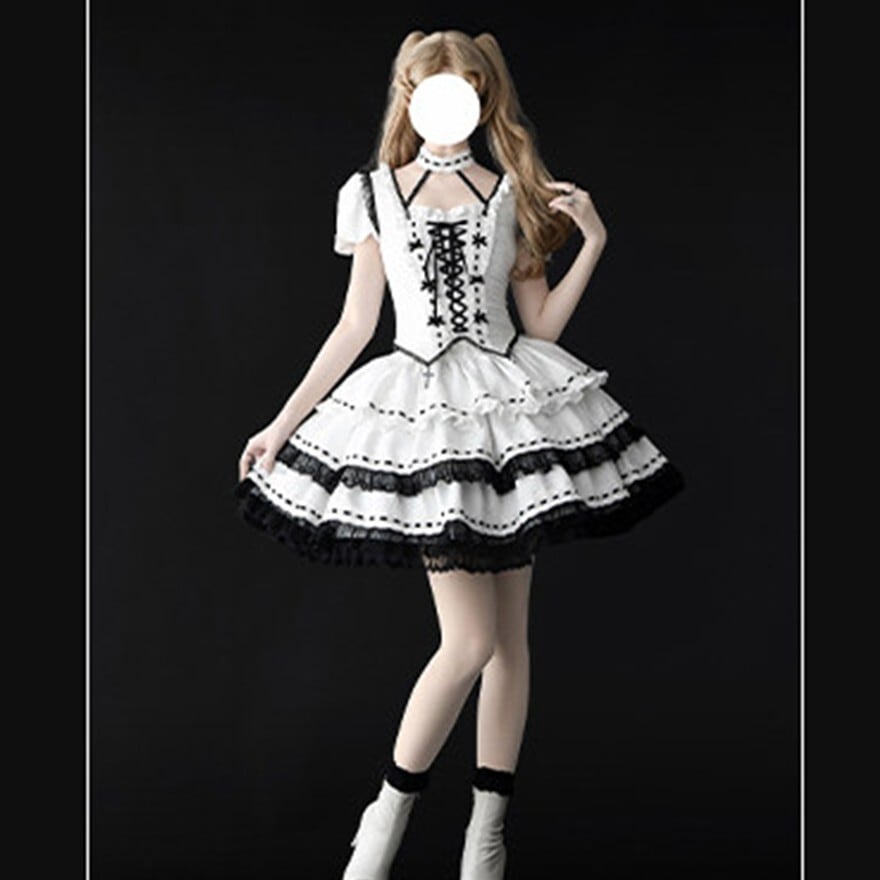 クラロリ セットアップ 編み上げコルセット風 白×黒 ライブ向け｜WithU