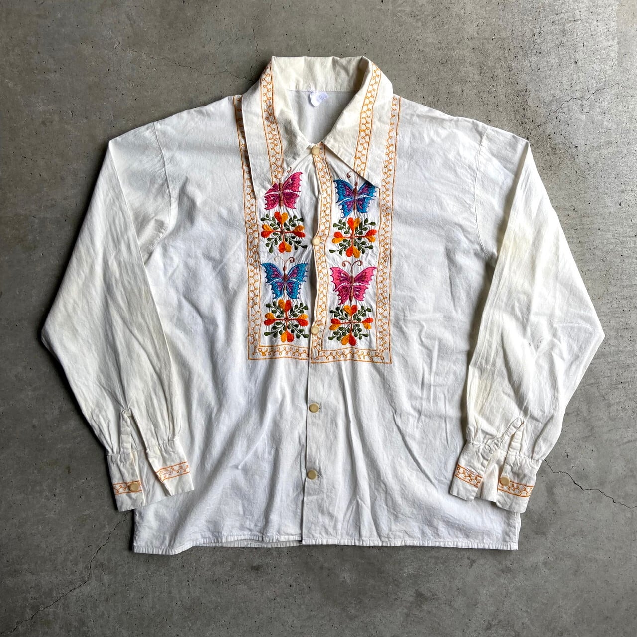 70年代 刺繍 コットン 長袖 メキシカンシャツ メンズL相当 古着 70s 