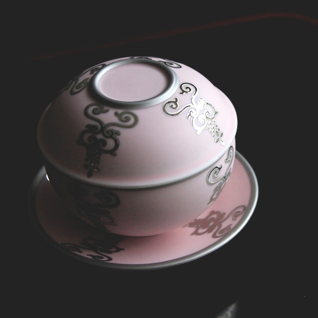 #26-9 プラチナ瓔珞紋ボンボニエール　台皿付　ピンクブラスト