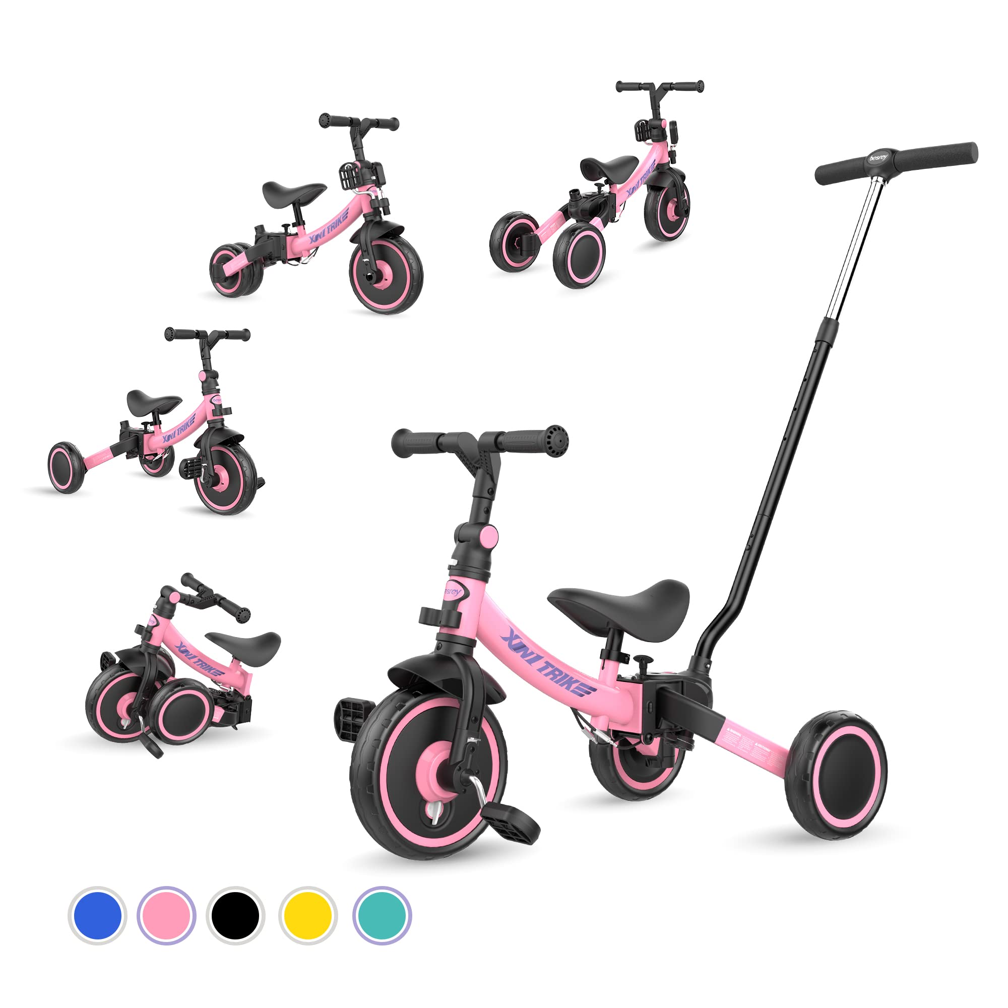 【数量限り】besrey 子供用三輪車 XIN1 三輪車 かじとり ランニングバイク ベビーカー 手押し棒 1歳から5歳まで 折りたたみ 軽量 ハンドル 調整可能 誕生日プレゼント お祝いギフト ピンク