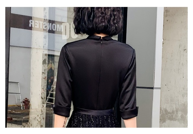 パーティードレス ドッキングワンピ ジャケット風 タキシードカラー 7分袖 ターンオフカフス ウエストリボン ラメ ストライプ マキシ丈 フレア ワンピース 結婚式 披露宴 二次会 D140 La Vie En Rose