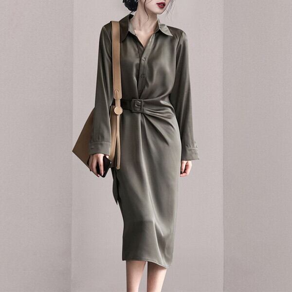 新作 21年 3色 ワンピースドレス ワンピース 秋 長袖ワンピース ワンピース 長袖 シャツワンピース 長袖 シャツワンピ 秋 ハイウエスト ワンピース ウエストマーク ワンピ 膝下ワンピース Iラインワンピース 着痩せコーデ 大人 きれいめ ワンピース 上品ワンピース