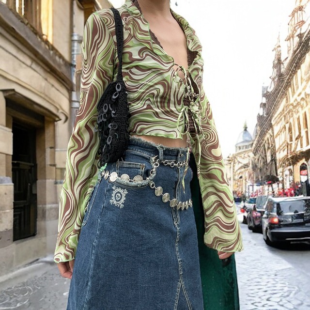 【LADIES】fringe print denimskirt