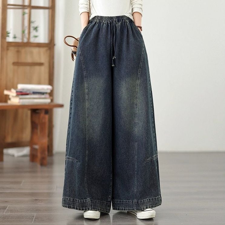 DRAWSTRING WAIST A-LINE WIDE LEG DENIM PANTS 1color M-14618