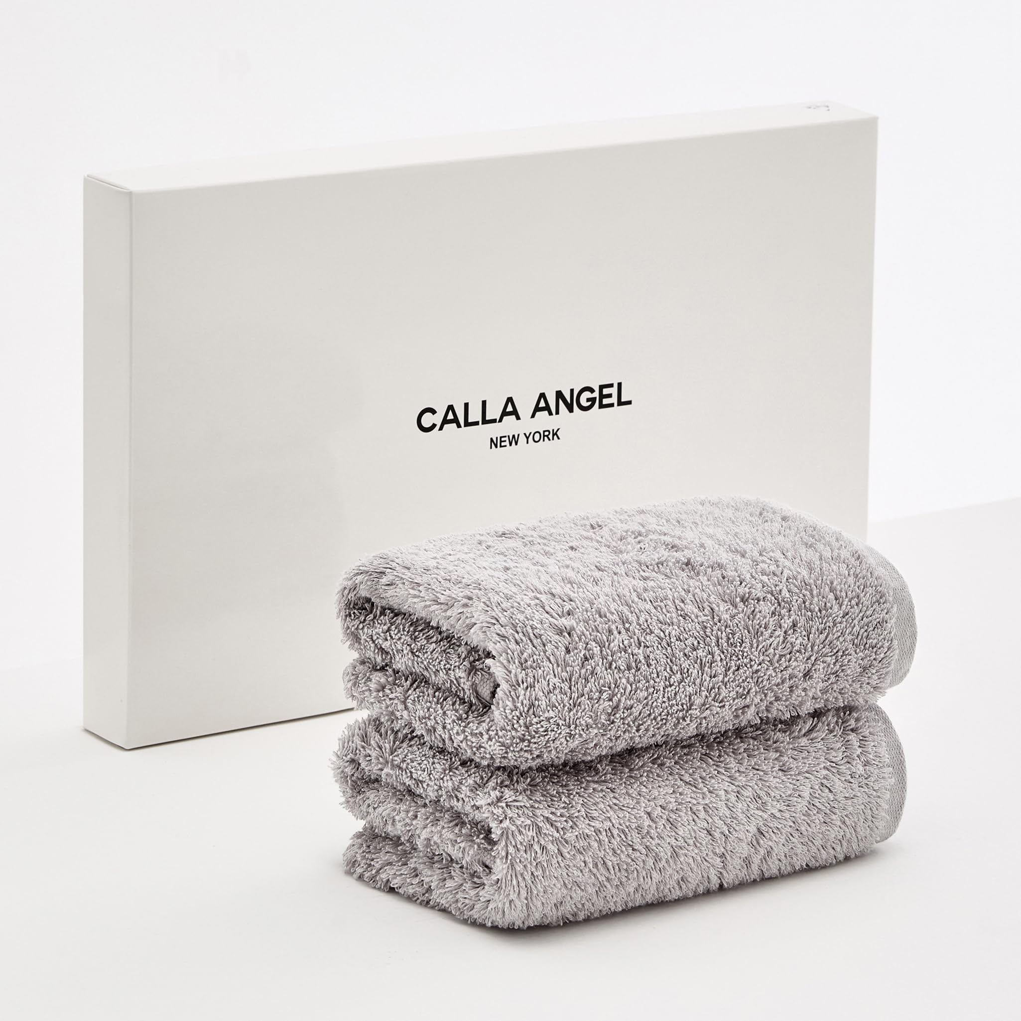 【在庫のみ】Calla Angel New York【エジプト超長綿GIZA86 100%】高級フェイスタオル 2枚組 ふわふわ甘撚り 厚手 高吸水 360度立体パイル仕様 柔らかい 無地 上質コットン OEKO-TEX認証 白箱入り ギフト仕様 フローラシリーズ〔約35×75cm〕アッシュグレイ