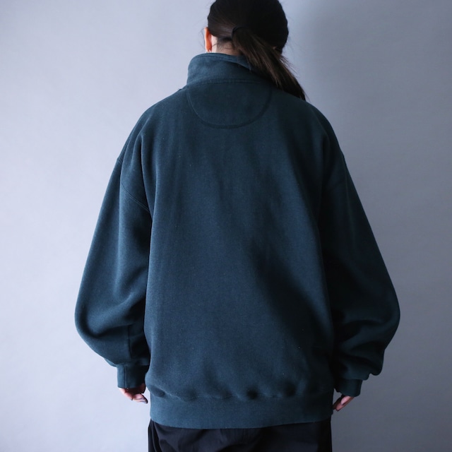 "刺繍×鹿" one point design over silhouette half-zip sweat pullover