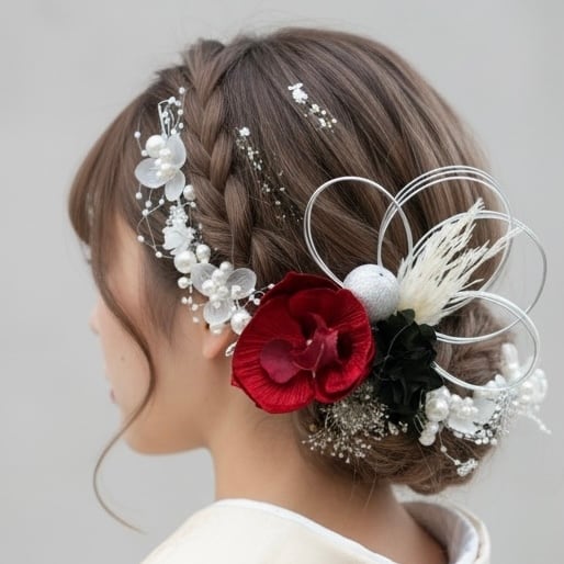 A599 パールカチューシャ 胡蝶蘭 赤 黒 髪飾り 浴衣 成人式 卒業式 前撮り 結婚式 水引