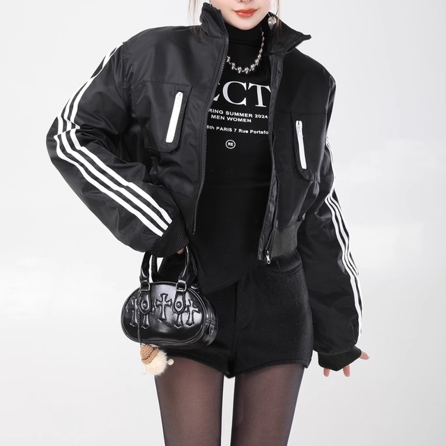 stand collar volume sleeve cropped bomber jacket la1281