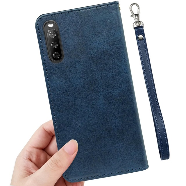 適用 Xperia 10 V SO-52D ケース 手帳型 【 Xungoujp ストラップ付き カード入れ 財布型 】 エクスぺリア 10 V SOG11 A302SO スマホケース 手帳 耐衝撃 Xperia10 5 SO52D case カバー PUレザー 内蔵マグネット 弱磁 ストラップホール スタンド機能 携帯カバー レトロ ネイビー