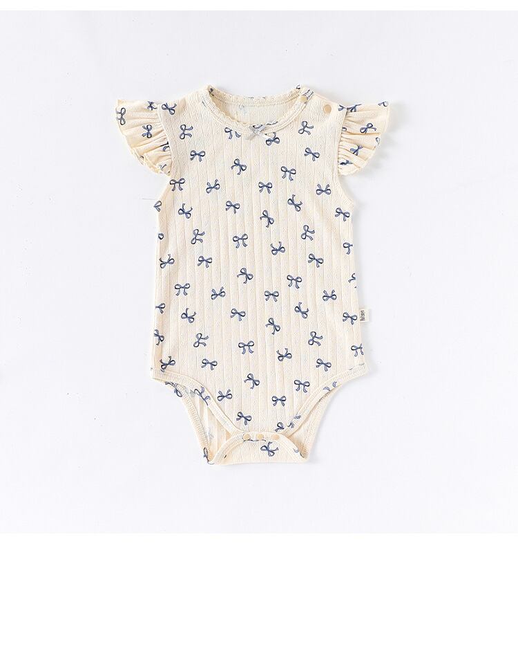 肩フリルリブ透かしコットンロンパース