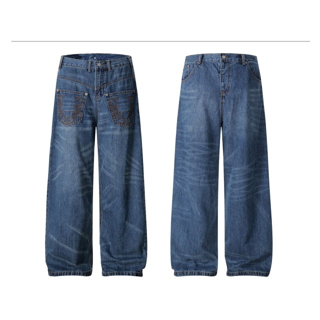 カーブパターンエンブロイダリーデニムパンツ   R01352