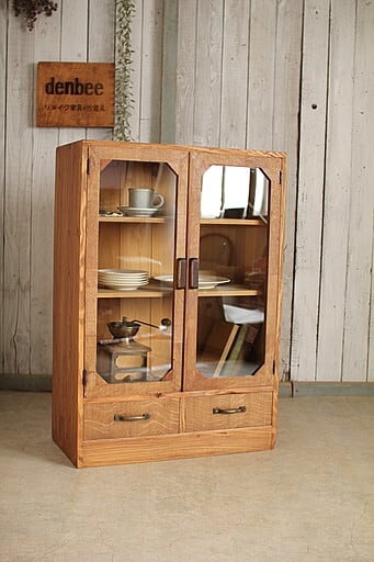 古い前楢材の木製ガラス戸棚 食器棚 本棚 キャビネット 古家具-