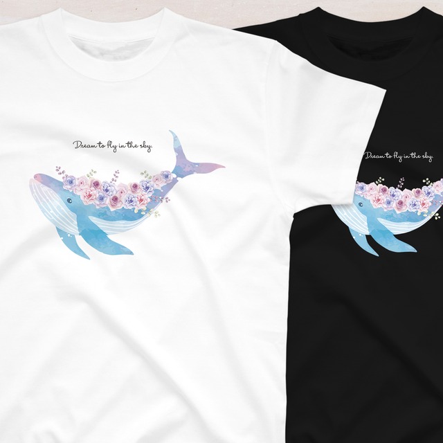 花とクジラの水彩Tシャツ XS-3XLサイズ 選べる生地・ビッグシルエット 送料無料