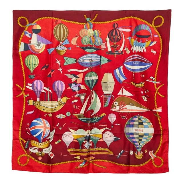 エルメス カレ90 LES FOLIES DU CIEL 大空の狂気 スカーフ レッド マルチカラー シルク レディース HERMES 【中古】