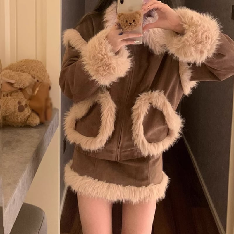 【set】ファー付きジャケット×スカートセット N2356