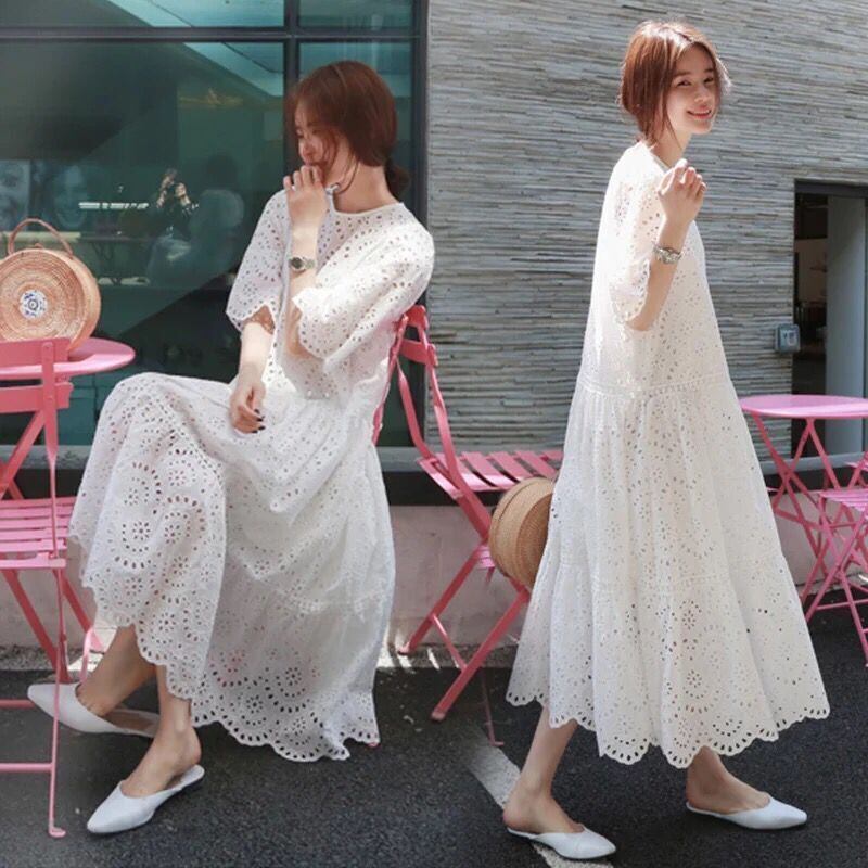 【新作】【送料無料】 夏の妊娠中のツーピースドレススーツプラスサイズ中空アウトコットンドレスストラップ付き裏地マタニティ服ツインセットホワイト 大きめサイズ サマー 夏物 AL expec363132132016