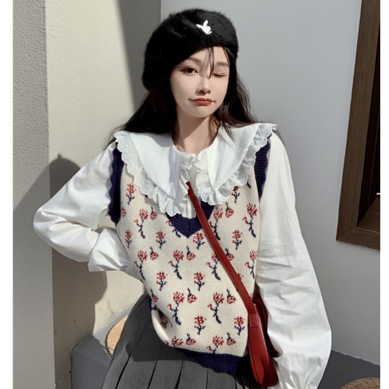 カラージャカードVネックニットセーター スプリングオータムショートトップス 春物 秋物 萌量不足29889724649