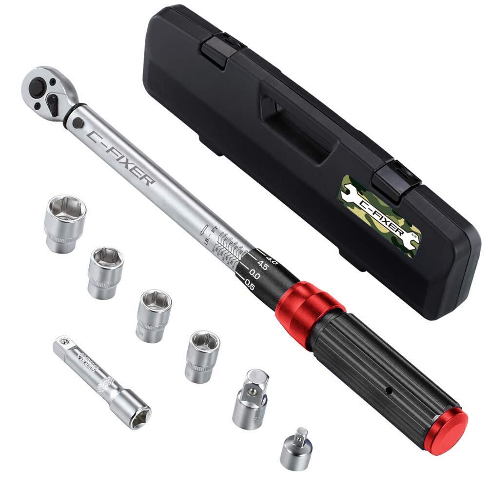 トルクレンチ プレセット型 車/バイク修理レンチ タイヤ交換 差込角9.5mm(3/8インチ) 20-140N・m 12/13/14/17mm 1/4変換ソケット 1/2変換ソケット付き ソケットレンチ ケース付き