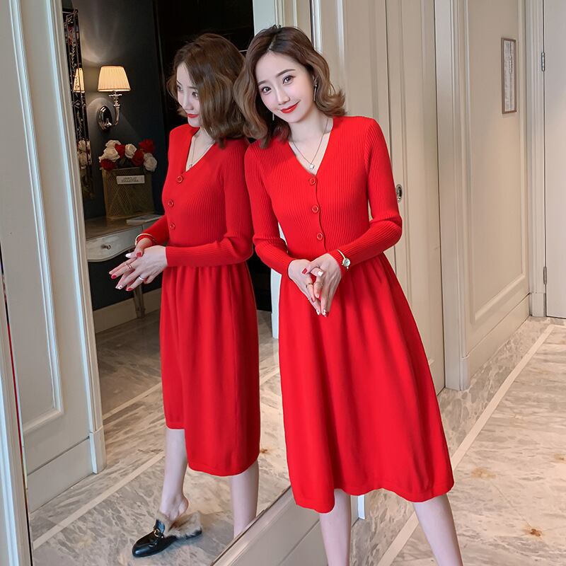 【新作】【送料無料】 2019秋冬マタニティナーシングドレス妊婦授乳服セータードレスVネックストレッチマタニティドレス オータム 秋物 ウィンター 冬物 AL expec374255023426