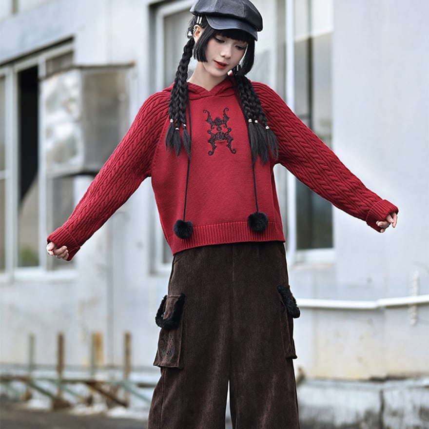 サブカル系中華 刺繍 セーター ケーブル編み 厚手 フーディ 古怪舎