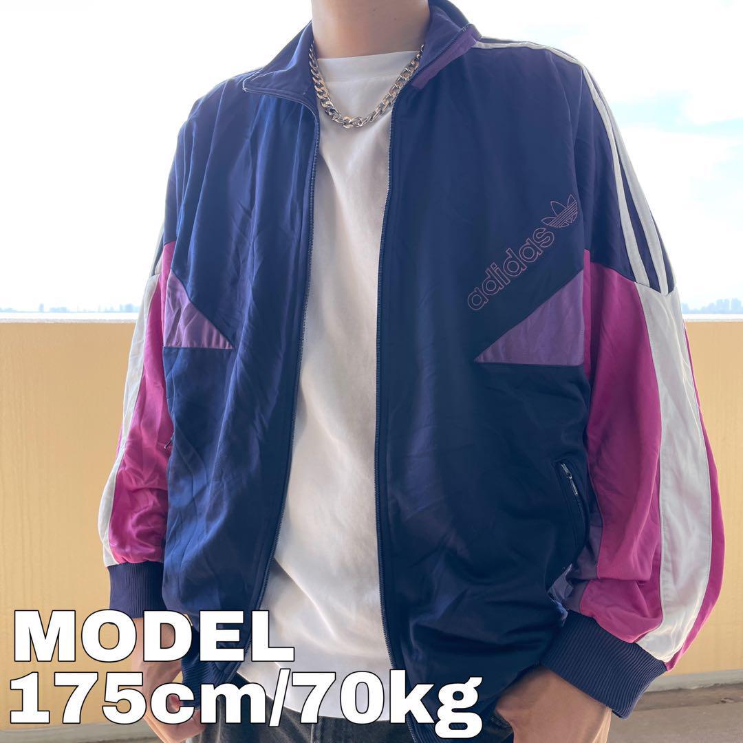 アディダス トラックジャケット ロゴ刺繍 XL パープル 紫 ネイビー 紺 白
