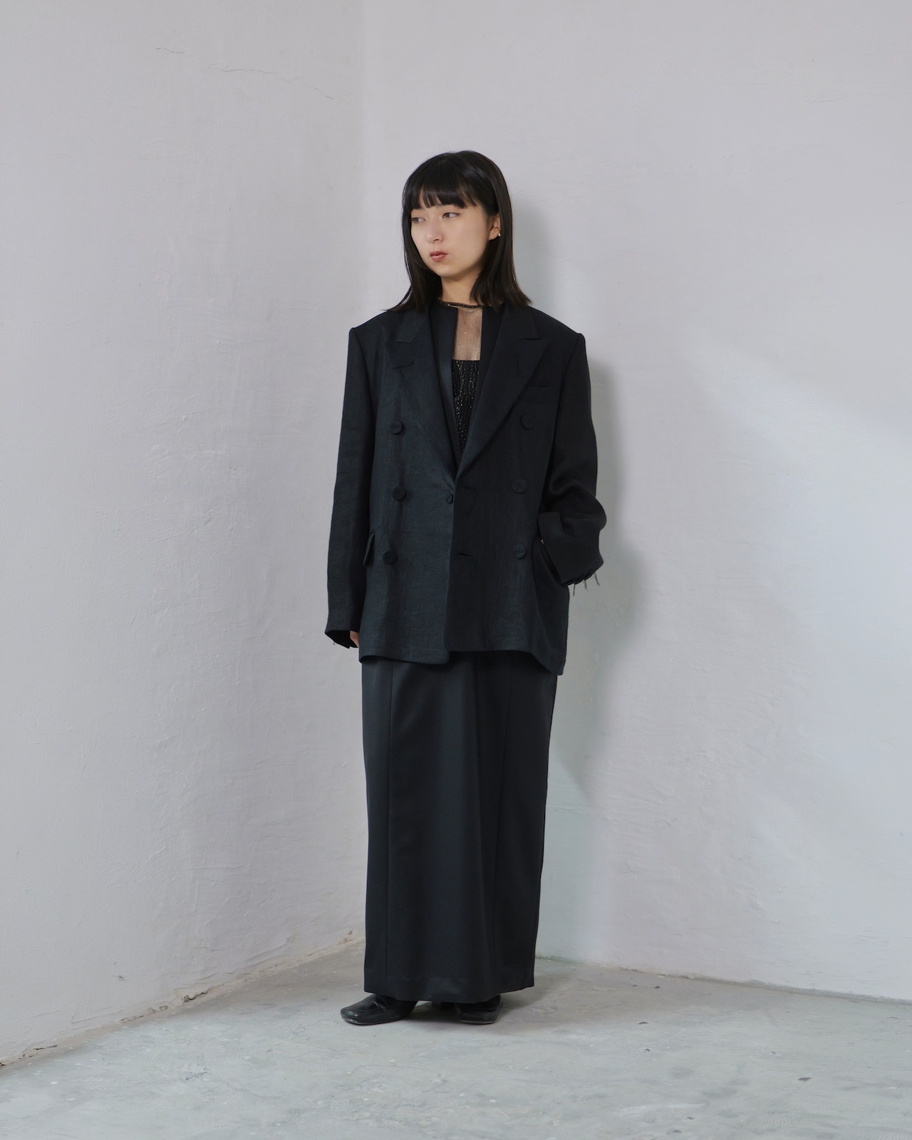 i’m here - GRANDPA Linen Jacket :Black|ダブルブレスト/立体3面ドッキング/“だまし絵”の前立て