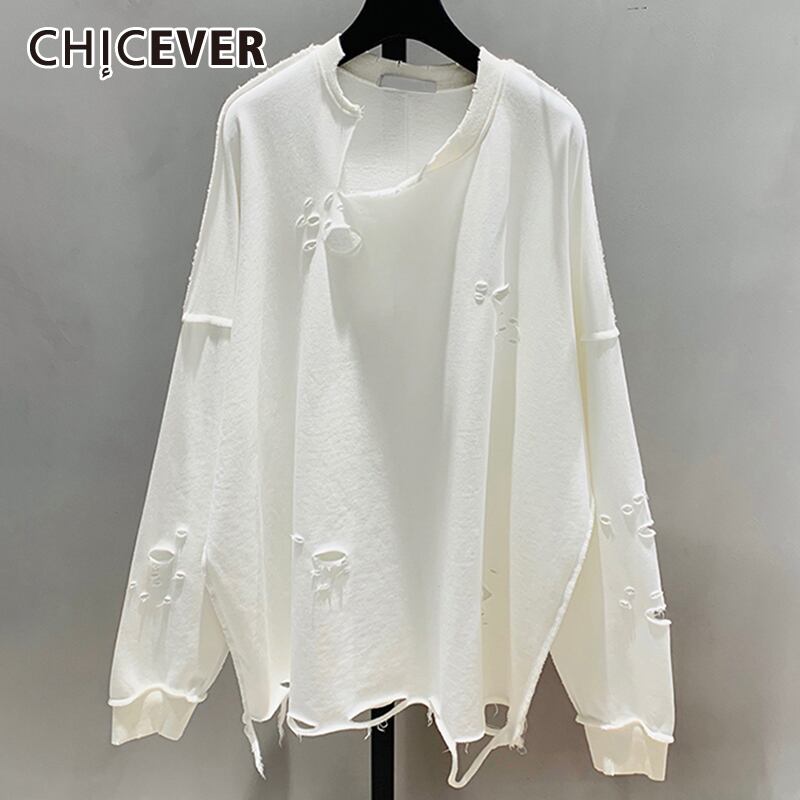 CHICEVERホール非対称スウェットシャツ女性Oネック長袖ルーズスウェットシャツ2020春服 ロング スプリング 春物 6base57823893613