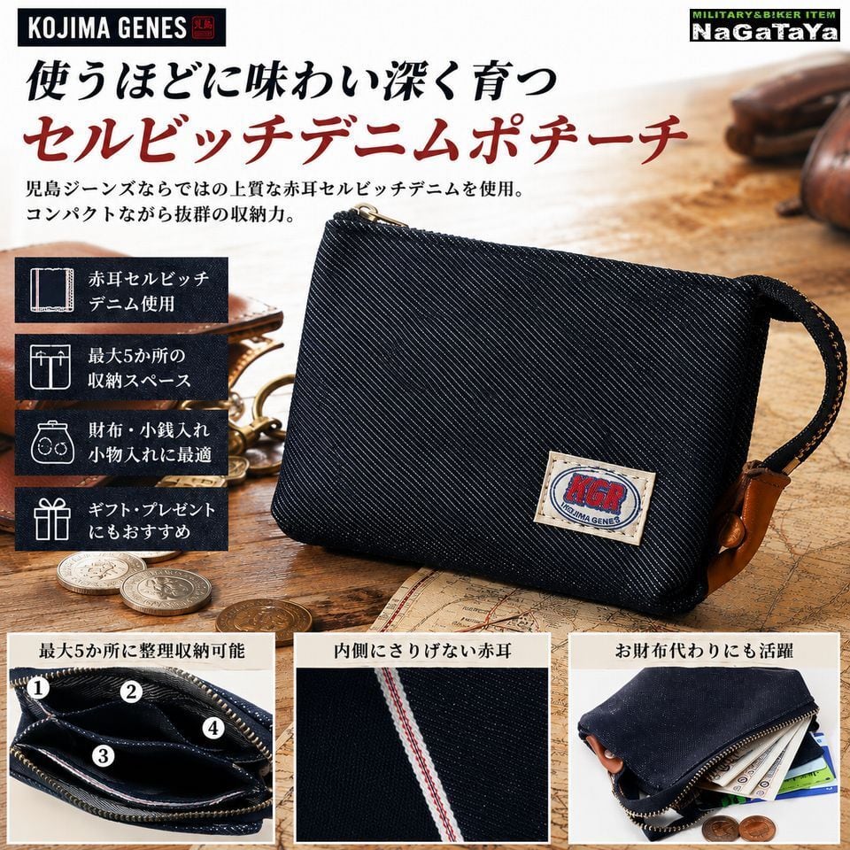 児島ジーンズ KOJIMA GENES 赤耳セルビッチ デニムポーチ Mサイズ