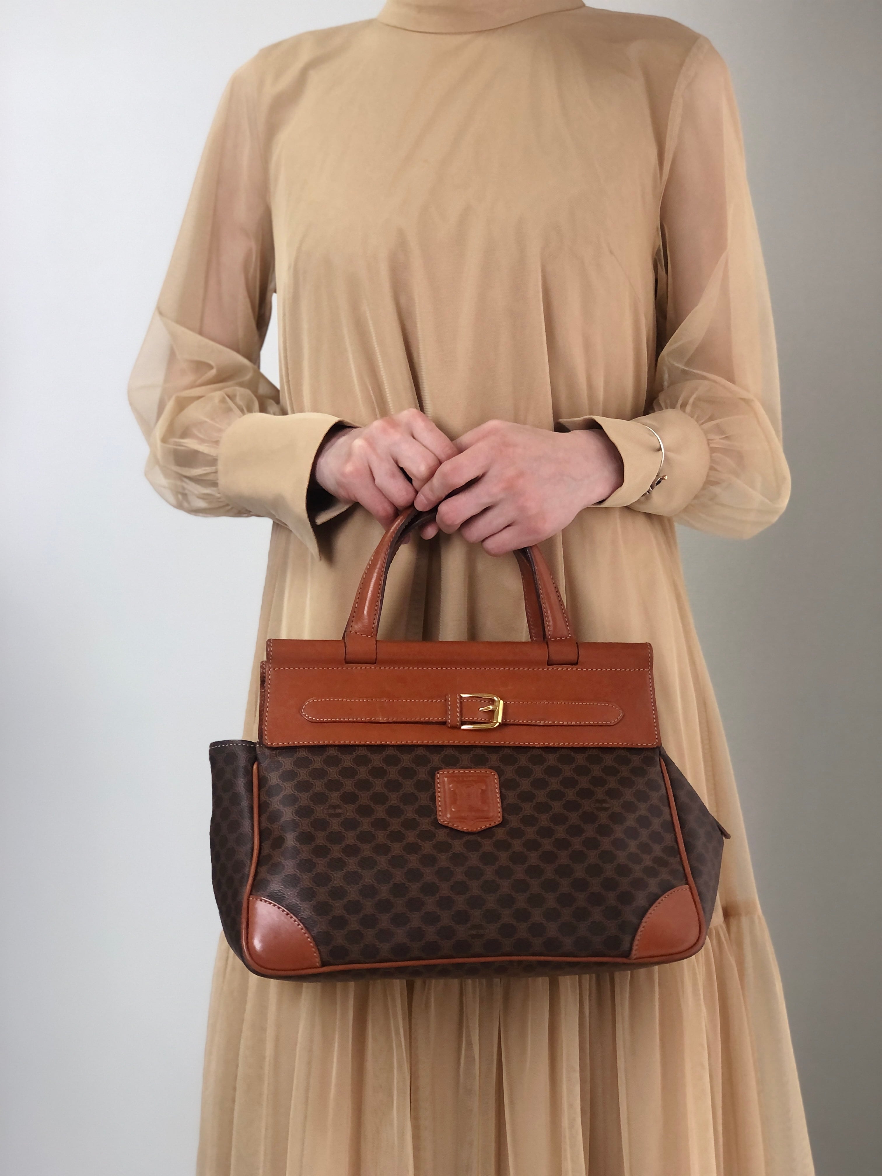 CELINE セリーヌ マカダム ハンドバッグ ブラウン ブラゾン型押し PVC