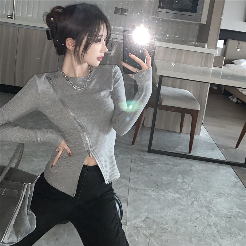 Tシャツ スプリングオータムグレージッパートップス ロング 春物 秋物 ブラックストロベリース67603142678