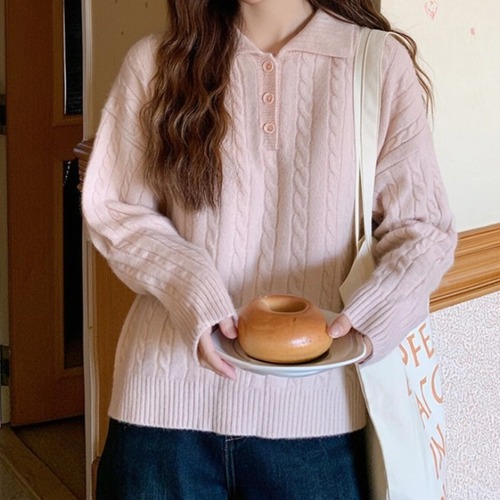 2色／ポロカラーケーブルニット ・72912