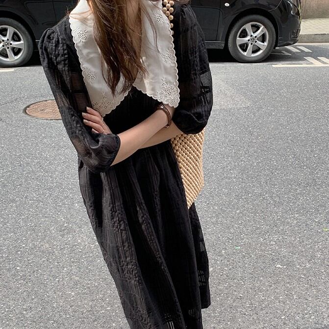 レース襟の透け感チェックワンピース 779 Lurila