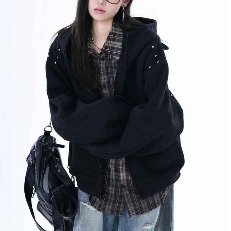 フード付き ジップアップ ヒップ丈 スウェットパーカー ◆2col L00237