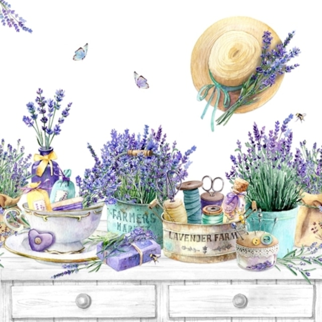 2024春夏【ti-flair】バラ売り2枚 ランチサイズ ペーパーナプキン Lavender Farm in Provence ホワイト