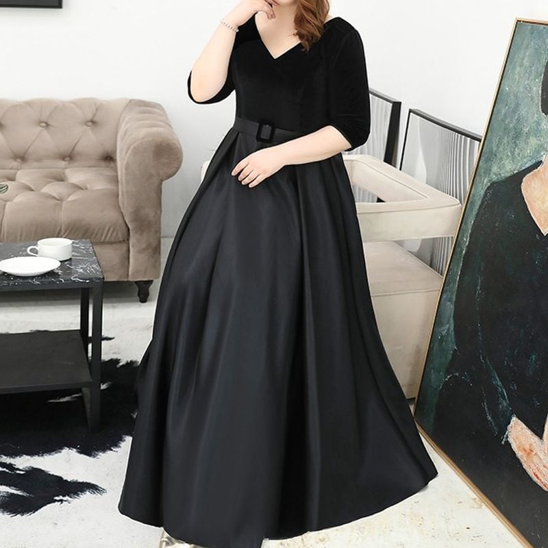 社交ダンス　ナディアドレス 黒 ベルベット 3XL〜7XL】ベルベット切替Vネックドレス D1618 | 演奏会・ステージ