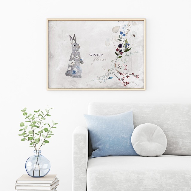 うさぎのポスター　/ i1665 / 冬の花に彩られた動物たち　アンティーク調　インテリアポスター