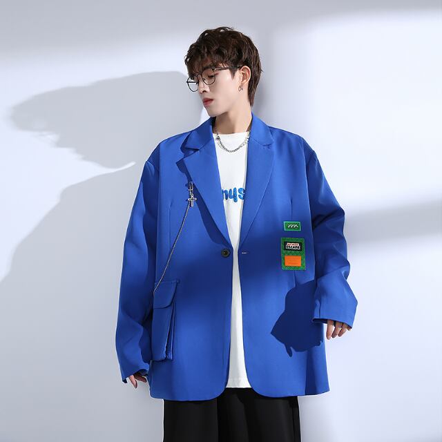 【予約販売】ジャケット 無地 チェーン ビッグシルエット オーバーサイズ トレンド ジャケット メンズ グリーン/ブルー/ブラック カジュアル ドレスアップ シック こなれ感 お洒落 パーティー 結婚式 二次会 パーティー エレガント 韓国 大きいサイズ 春 秋 冬 S/M/L/XL/2XL