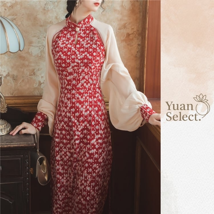 シフォン袖　クラシカルチャイナロングワンピース　YS00090