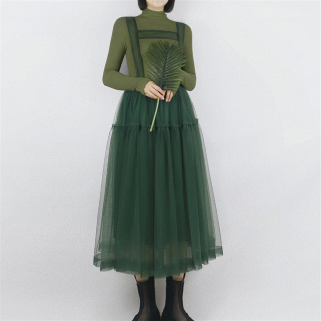 【Tea Tree】チュールフレアストラップ付きロングスカート 4color 10384