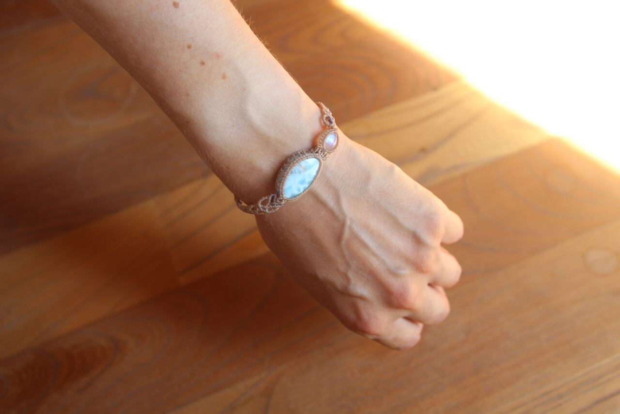 Larimar & Rainbow moonstone micro macrame bracelet
