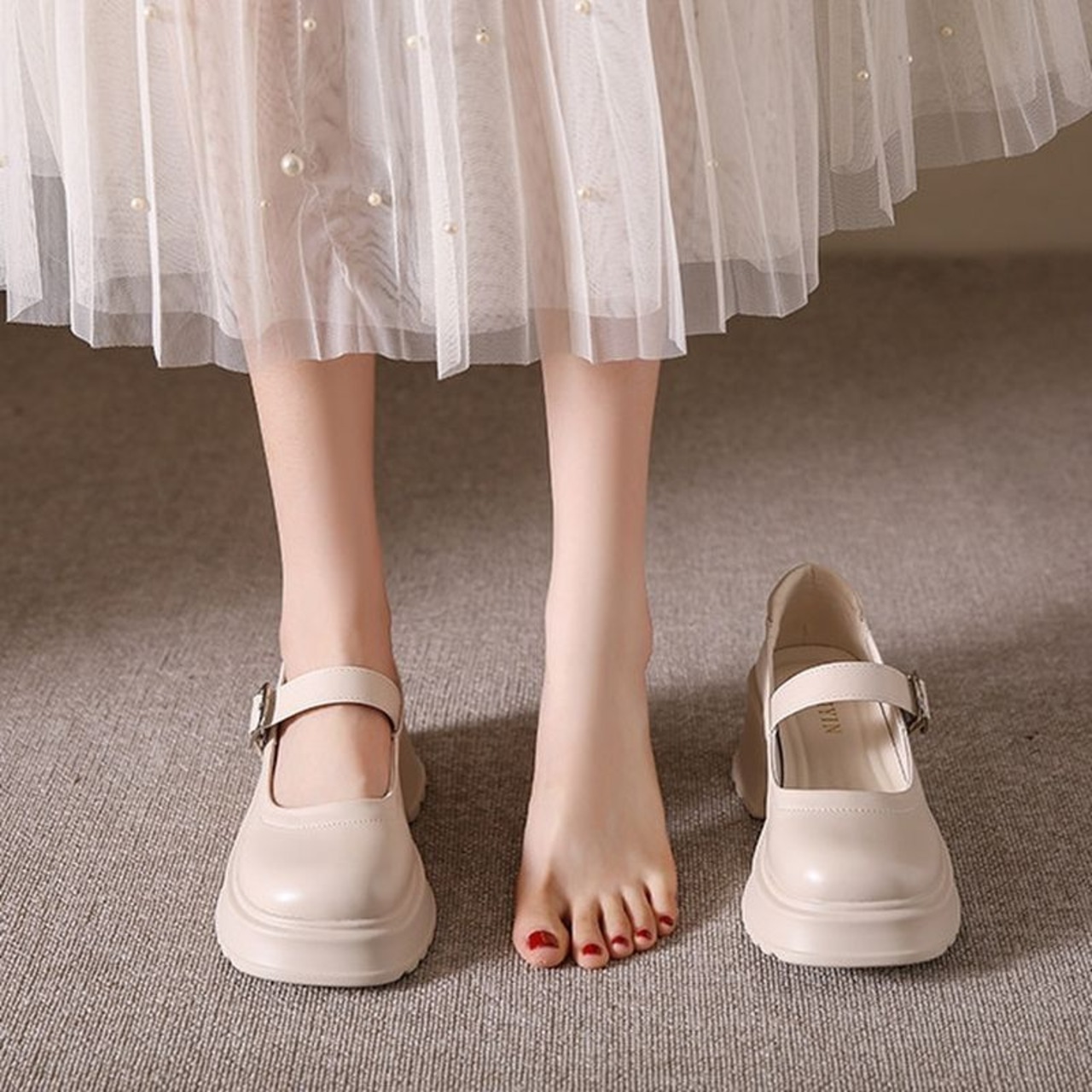 ストラップ  厚底 プレーントゥ シューズ  90015